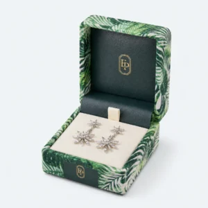 Custom Green Velvet Flip Top Jewelry Box open view with matching jewelry