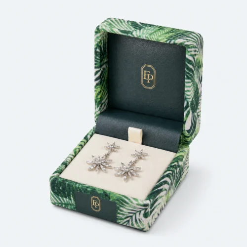 Custom Green Velvet Flip Top Jewelry Box open view with matching jewelry Custom Green Velvet Flip Top Jewelry Box open view with matching jewelry