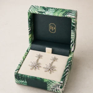 Custom Green Velvet Flip Top Jewelry Box logo and closure detail