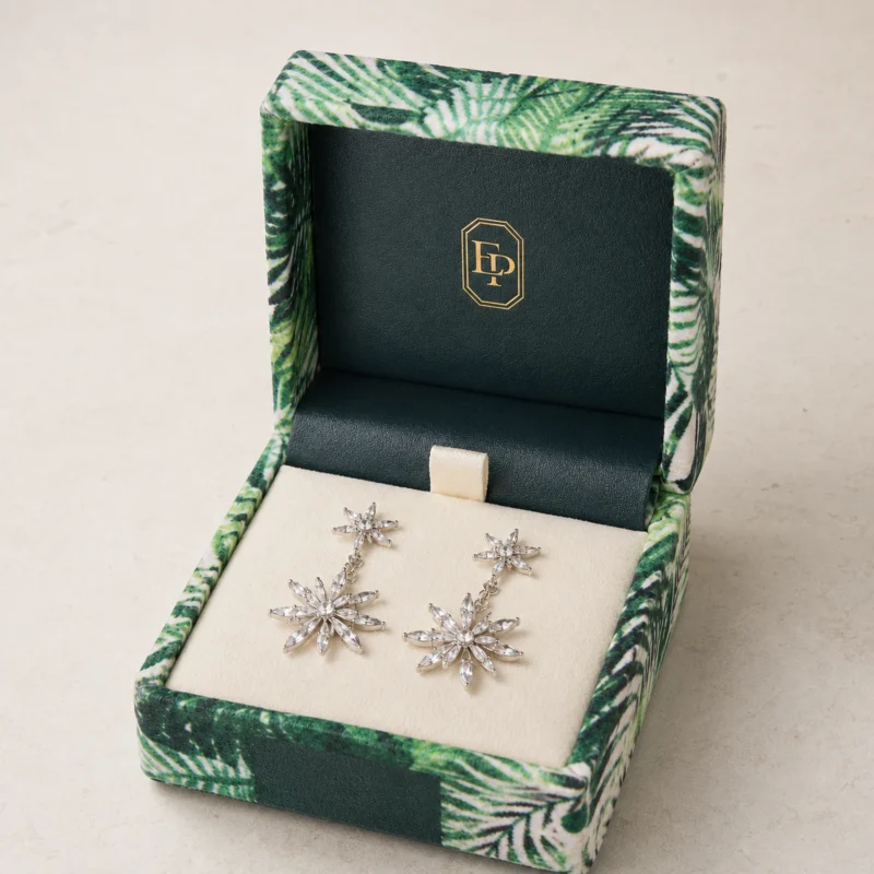 Custom Green Velvet Flip Top Jewelry Box logo and closure detail