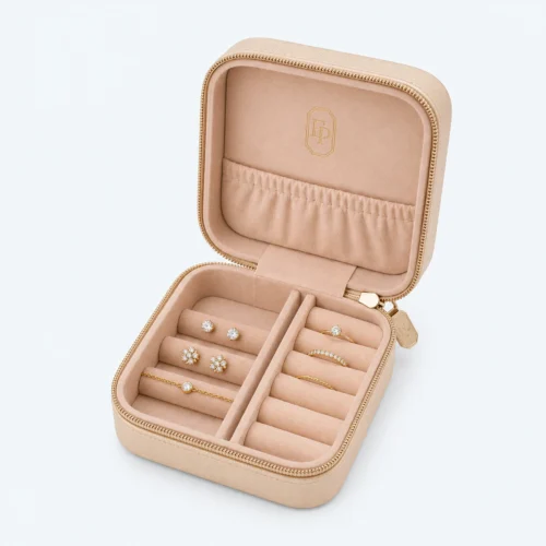Custom Pink Travel Jewelry Organizer with Zipper Closure open view with matching jewelry