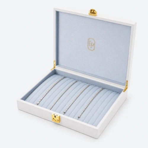 Custom White Wooden Flip Top Jewelry Box with Buckle Closure open view with matching jewelry Custom White Wooden Flip Top Jewelry Box with Buckle Closure open view with matching jewelry