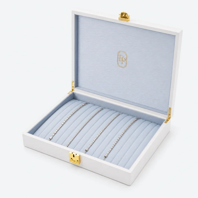 Custom White Wooden Flip Top Jewelry Box with Buckle Closure open view with matching jewelry
