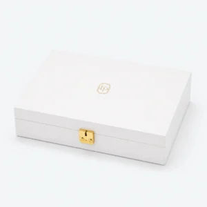 Custom White Wooden Flip Top Jewelry Box with Buckle Closure closed view