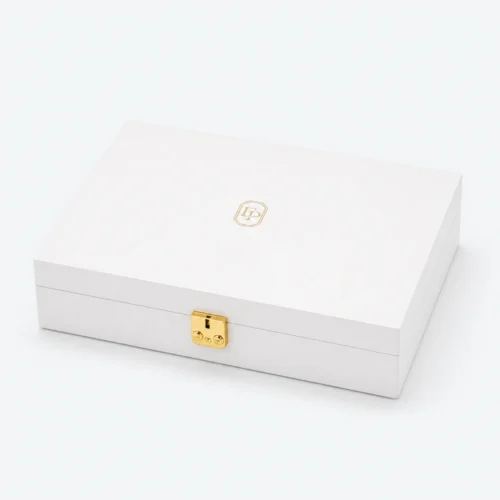 Custom White Wooden Flip Top Jewelry Box with Buckle Closure closed view