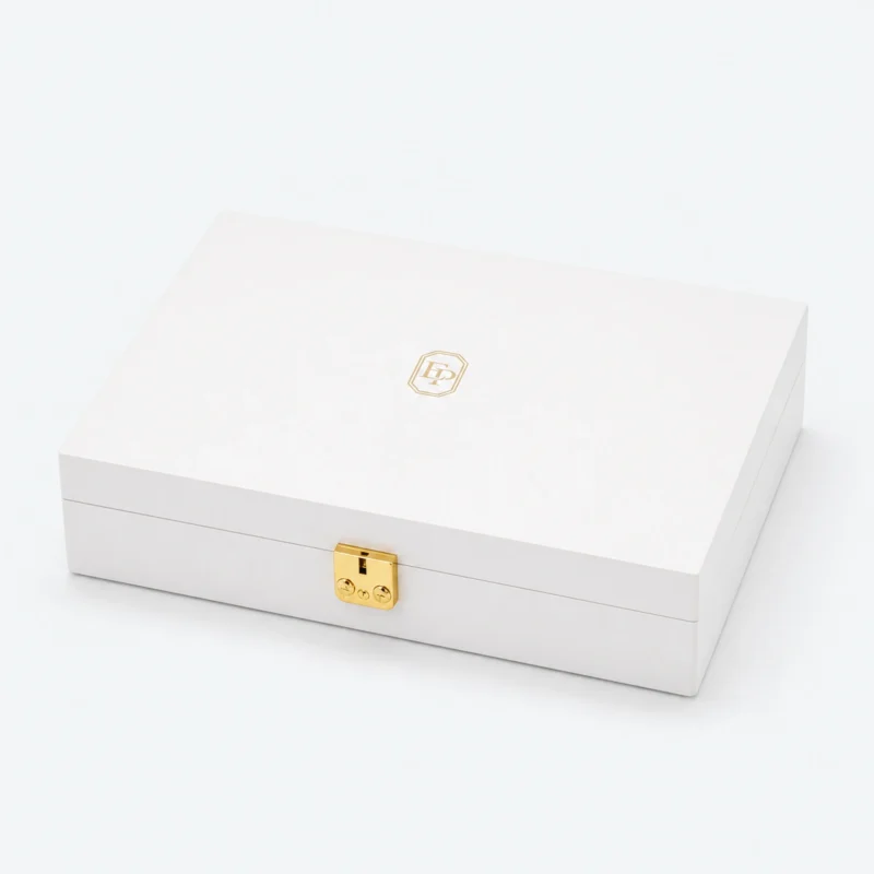 Custom White Wooden Flip Top Jewelry Box with Buckle Closure closed view