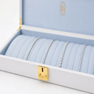Custom White Wooden Flip Top Jewelry Box with Buckle Closure logo and closure detail