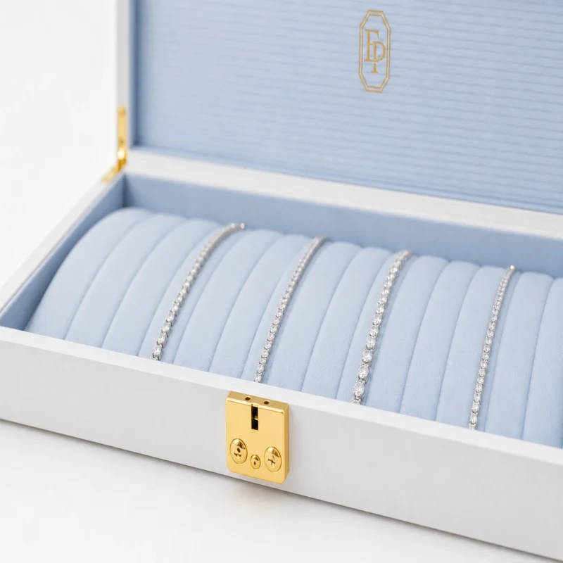 Custom White Wooden Flip Top Jewelry Box with Buckle Closure logo and closure detail