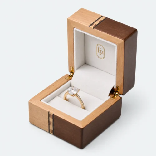 Custom Luxury Wood Flip Top Ring Box open view with matching jewelry