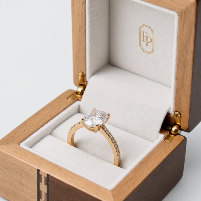 Custom Luxury Wood Flip Top Ring Box logo and closure detail
