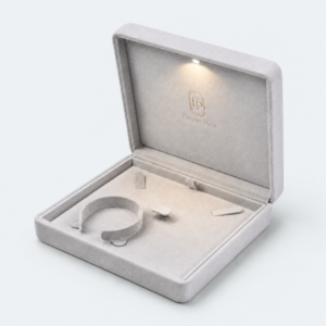 Custom Luxury Gray Suede Hinged Jewelry Box with LED Light