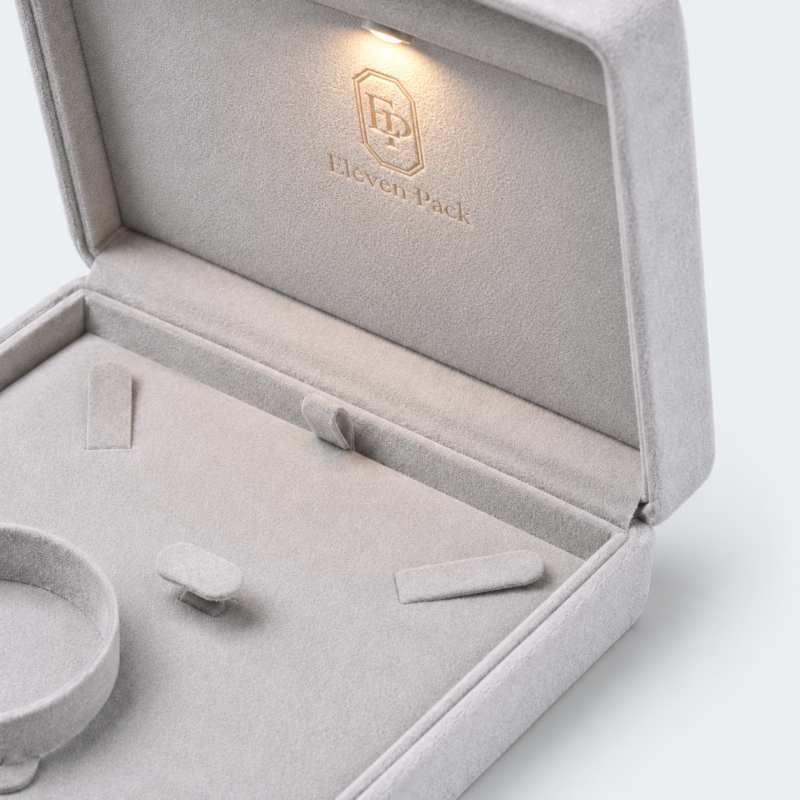 Custom Luxury Gray Suede Hinged Jewelry Box with LED Light