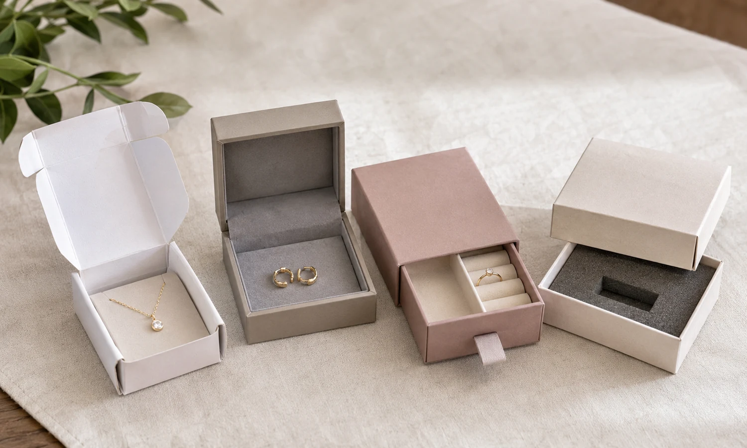 Blank thank-you card resting inside a kraft jewelry box with tissue paper
