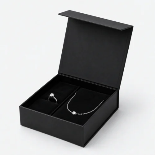 Open black magnetic jewelry gift box with ring and necklace insert