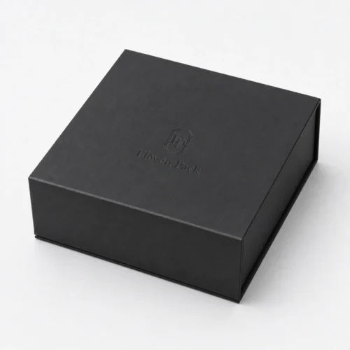Closed black paper jewelry gift box with subtle debossed logo