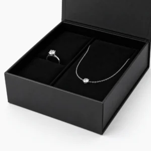 Close-up of ring and necklace fitted in a black jewelry box insert Close-up of ring and necklace fitted in a black jewelry box insert