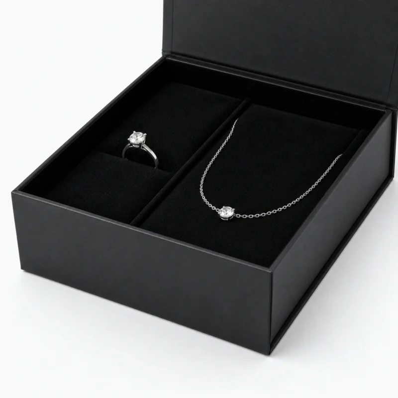 Close-up of ring and necklace fitted in a black jewelry box insert Close-up of ring and necklace fitted in a black jewelry box insert