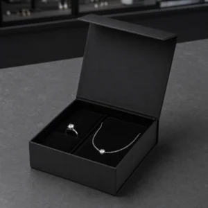 Black jewelry gift box presenting a ring and necklace on a boutique counter Black jewelry gift box presenting a ring and necklace on a boutique counter