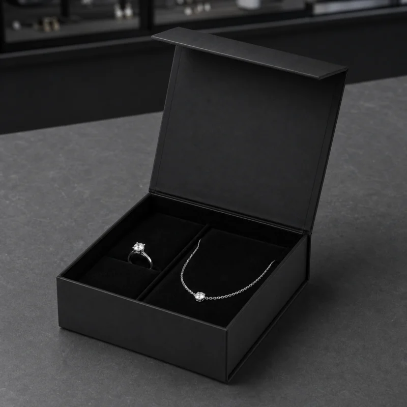 Black jewelry gift box presenting a ring and necklace on a boutique counter Black jewelry gift box presenting a ring and necklace on a boutique counter