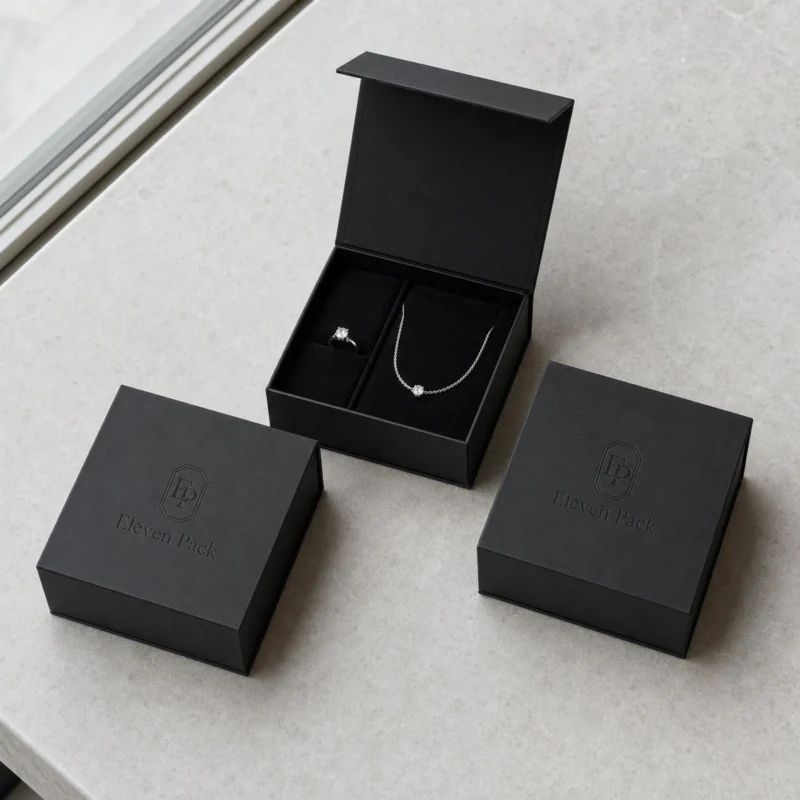 Black magnetic jewelry box family with open and closed packaging Black magnetic jewelry box family with open and closed packaging