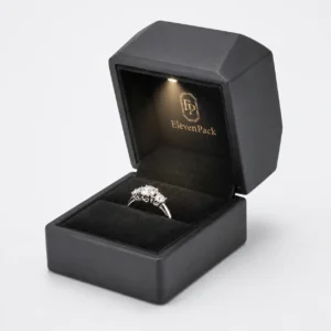 custom-black-pu-leather-led-flip-top-luxury-ring-box-jewelry-box-1 Custom Luxury Black PU Leather Flip Top Ring Box with LED Light