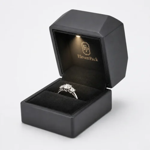 Custom Luxury Black PU Leather Flip Top Ring Box with LED Light