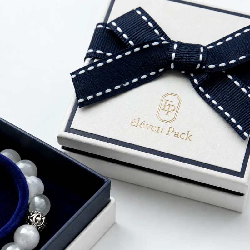 Custom Blue and White Art Paper Jewelry Box with Ribbon Bow