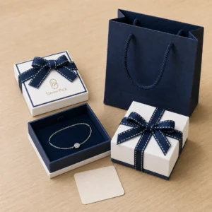 Custom Blue and White Art Paper Jewelry Box with Ribbon Bow
