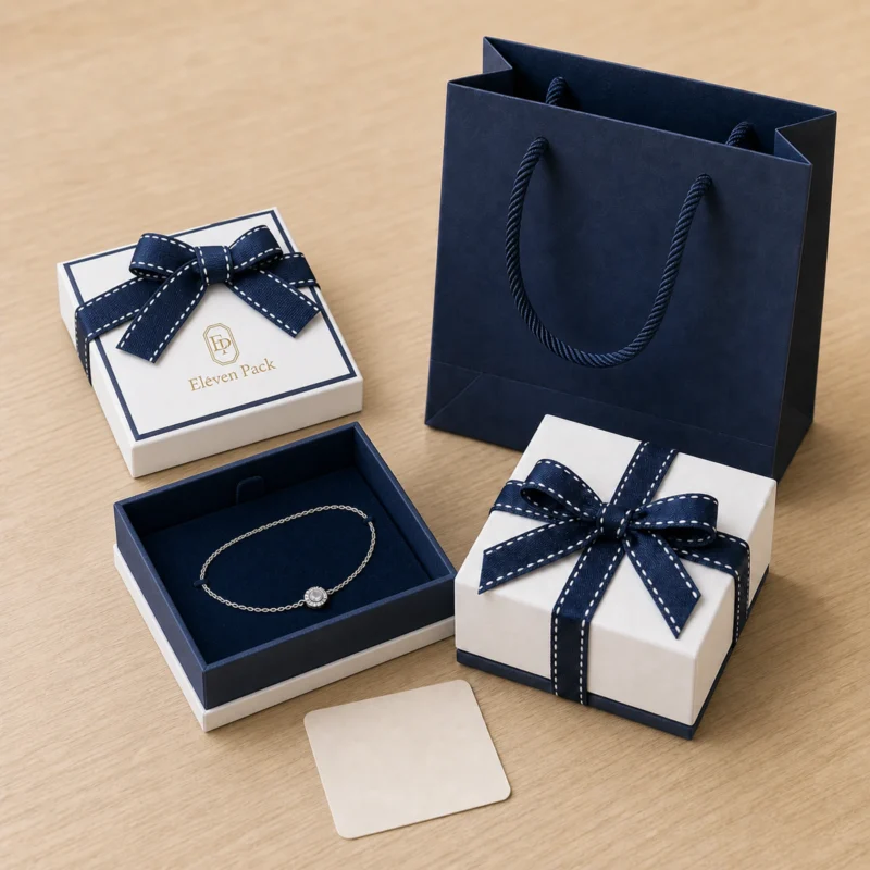 Custom Blue and White Art Paper Jewelry Box with Ribbon Bow