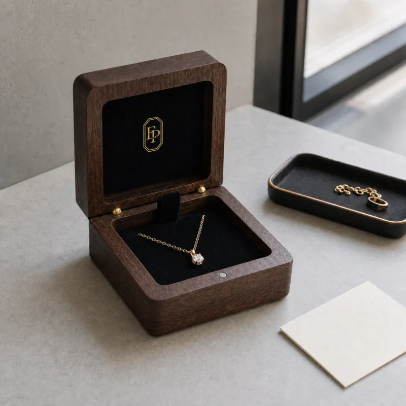 Custom Premium Brown Wooden Hinged Necklace Box