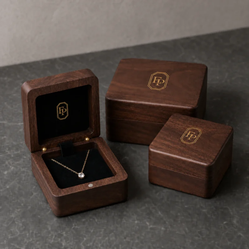 Custom Premium Brown Wooden Hinged Necklace Box
