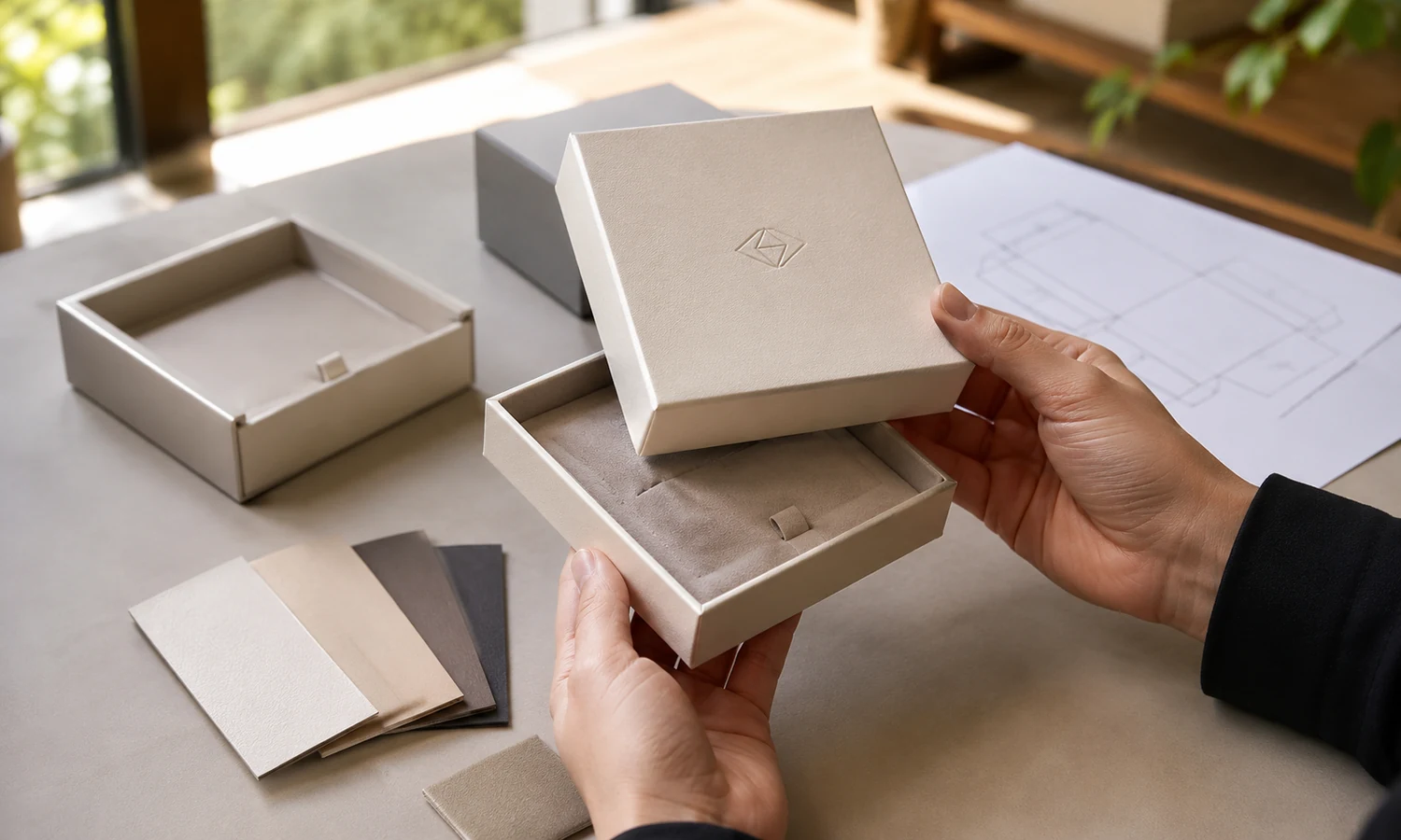 Closed cardboard gift box sample on a clean review table