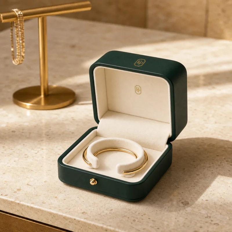 Custom Green PU Leather Flip Top Jewelry Box with Button Closure