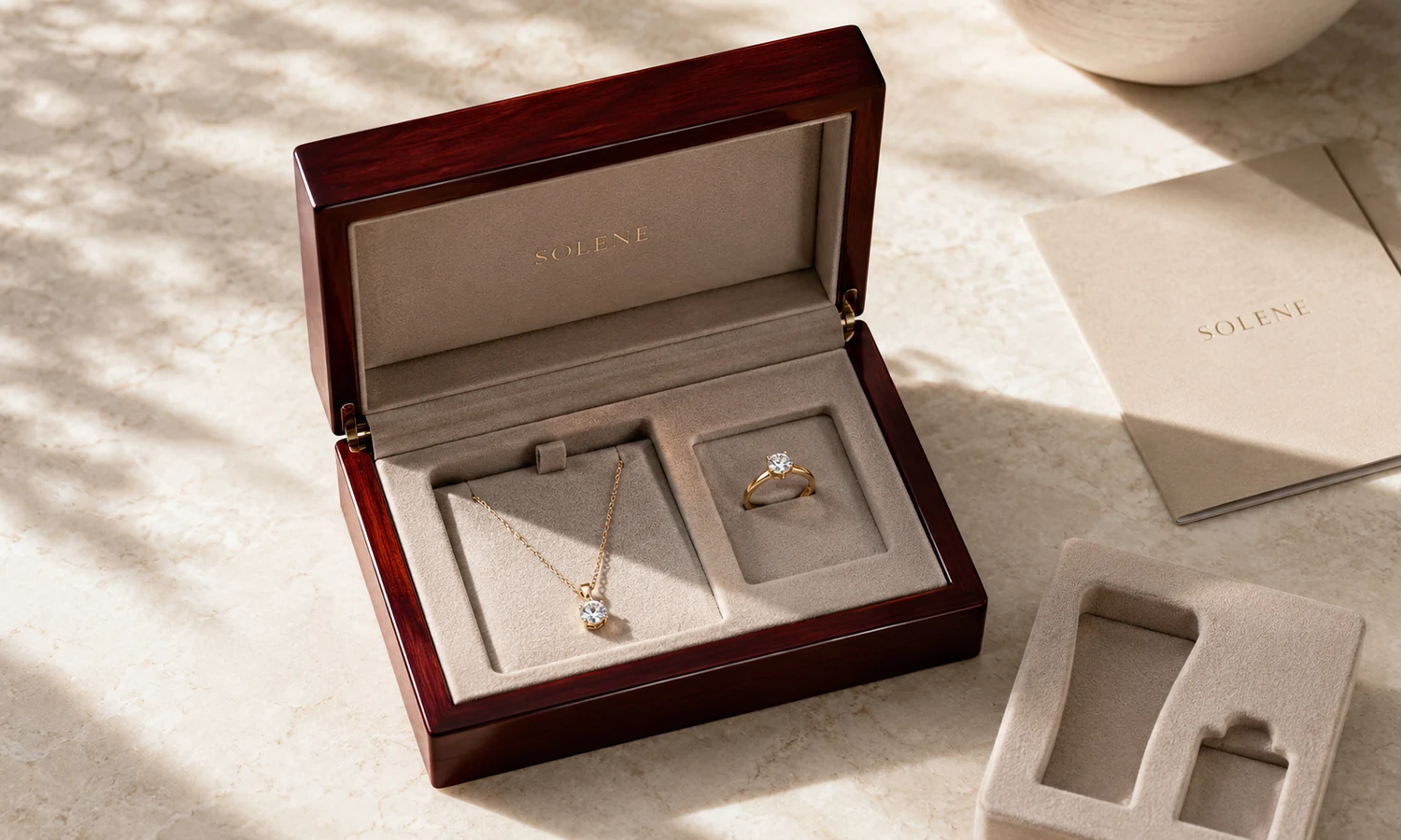 Ring sitting securely inside a fitted cream velvet insert