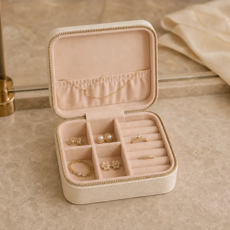 custom-multifunctional-beige-fabric-travel-jewelry-organizer-image-05-usage-scene Custom Beige Travel Jewelry Organizer Case