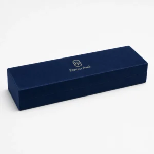 Closed navy velvet necklace box with gold ElevenPack logo Closed navy velvet necklace box with gold ElevenPack logo
