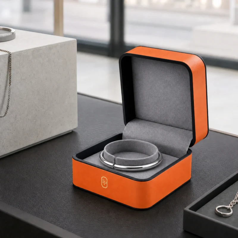 Custom Orange and Black PU Leather Flip Top Jewelry Box