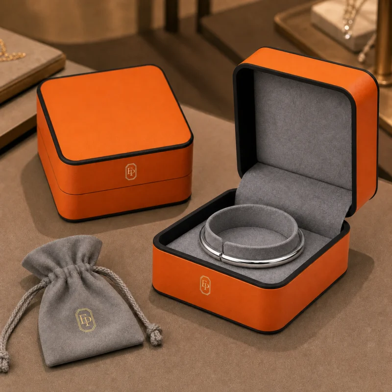 Custom Orange and Black PU Leather Flip Top Jewelry Box