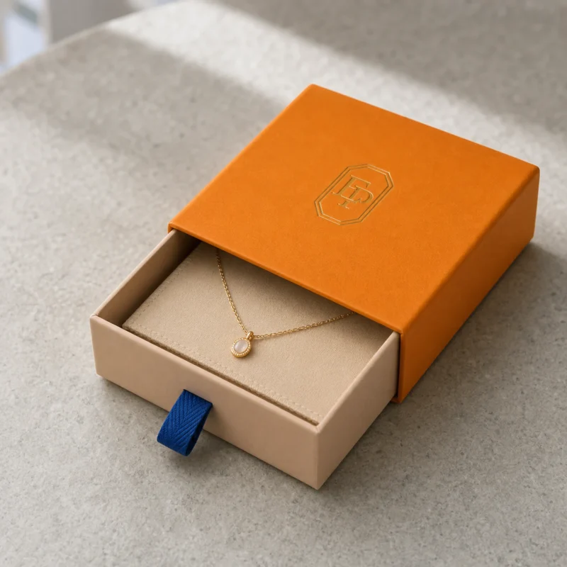 Orange drawer gift box presenting a pendant necklace on a stone table