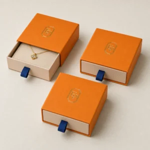 Orange drawer gift box packaging family with open and closed boxes