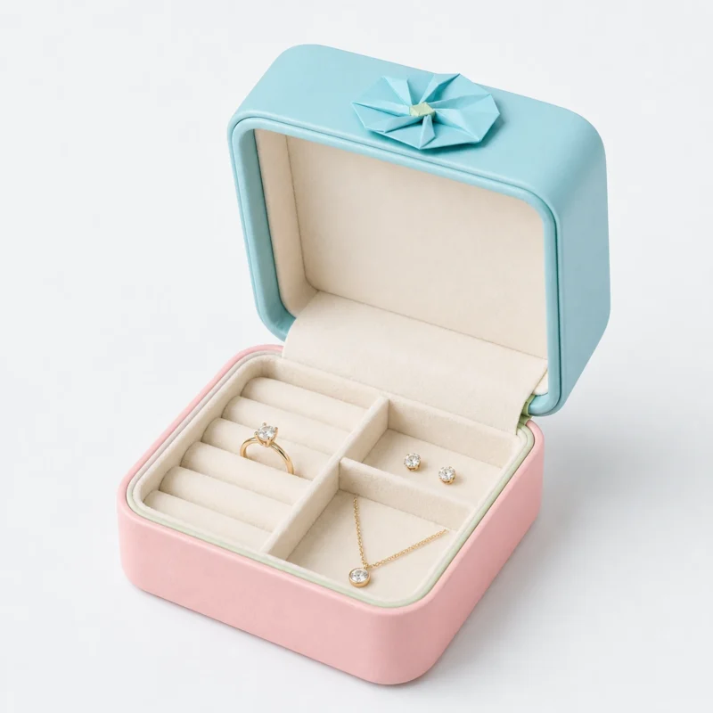 Open pastel blue and pink jewelry gift box with ring earrings and necklace