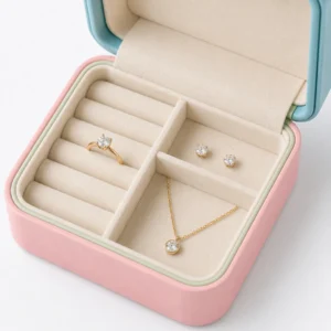 Close-up of ring earrings and necklace fitted in a cream jewelry insert