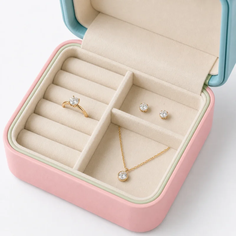 Close-up of ring earrings and necklace fitted in a cream jewelry insert