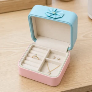 Pastel jewelry gift box presenting ring earrings and necklace on a wood counter