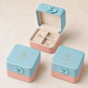 Pastel jewelry box family with top gold logos and side paper flowers