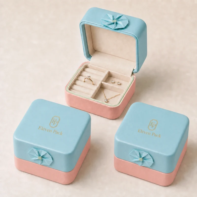 Pastel jewelry box family with top gold logos and side paper flowers