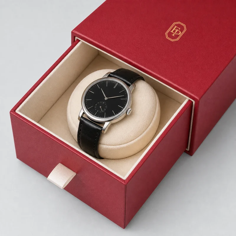 custom-red-art-paper-drawer-watch-box-image-03-watch-cushion-detail Custom Luxury Red Art Paper Drawer Watch Box