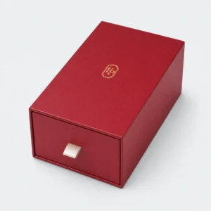 custom-red-art-paper-drawer-watch-box-image-04-pull-tab-detail Custom Luxury Red Art Paper Drawer Watch Box