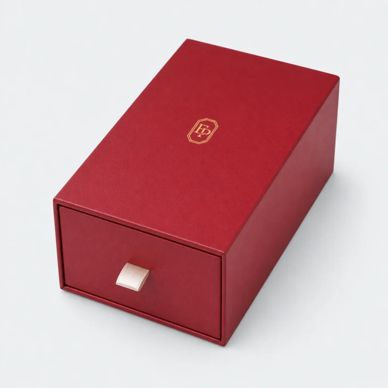 custom-red-art-paper-drawer-watch-box-image-04-pull-tab-detail Custom Luxury Red Art Paper Drawer Watch Box