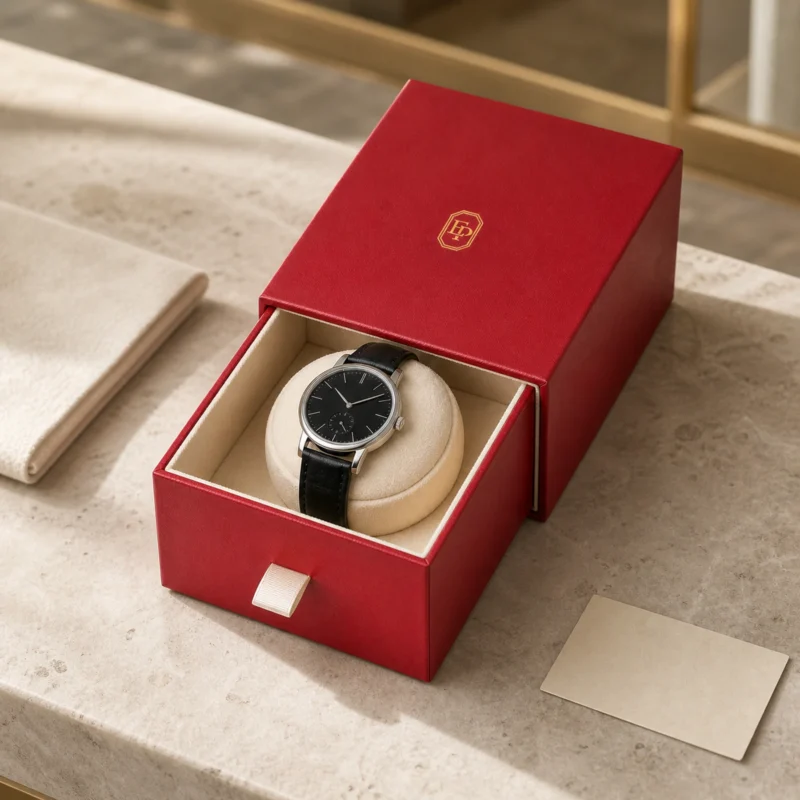 custom-red-art-paper-drawer-watch-box-image-05-usage-scene Custom Luxury Red Art Paper Drawer Watch Box